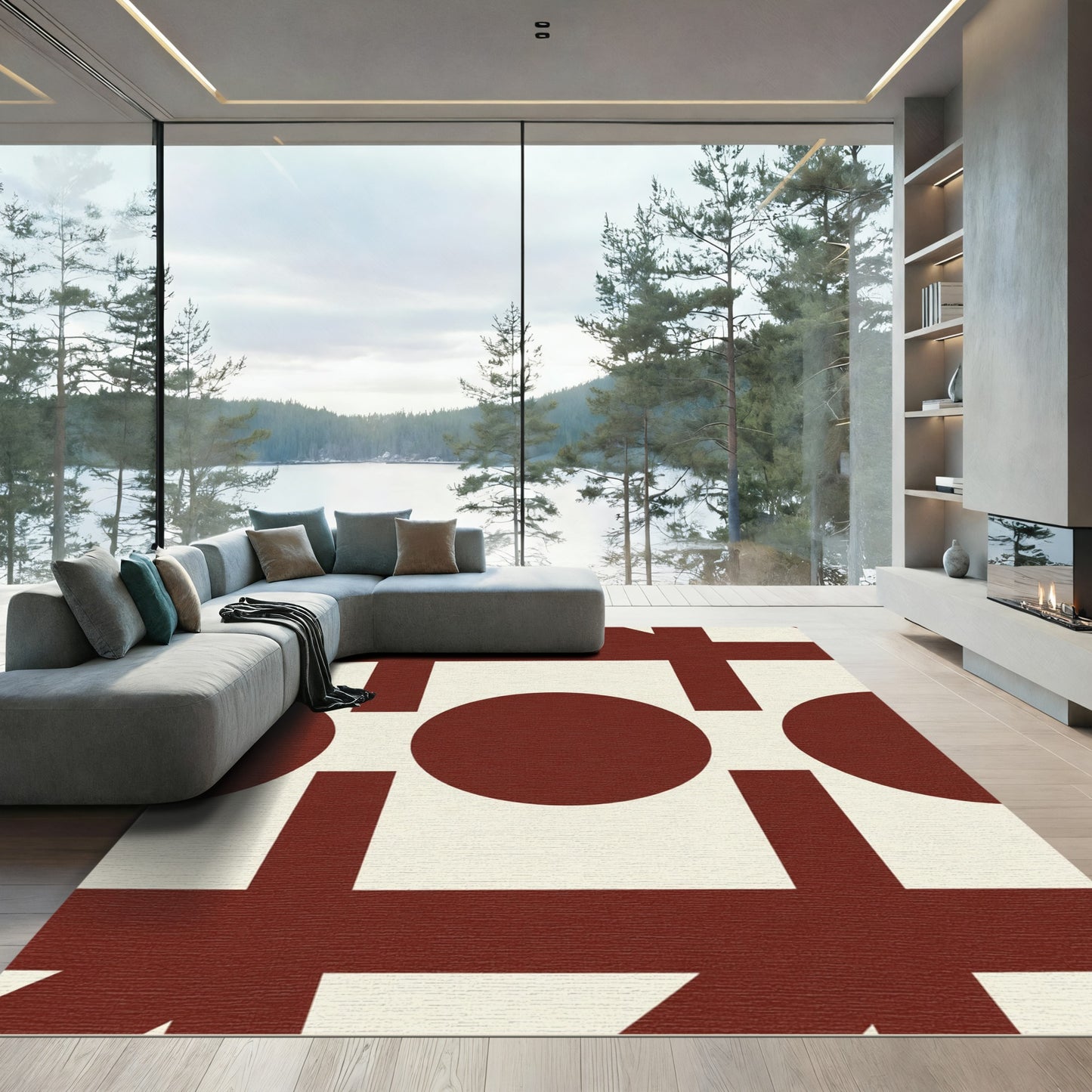 Deep Red Geometric Circles Lattice Rug