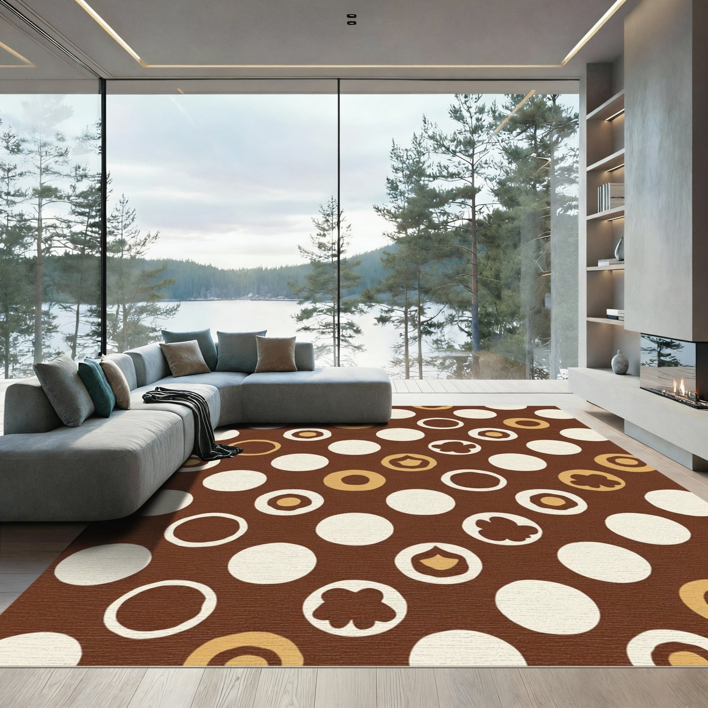 Brown White Gold Dot Arrangement Rug