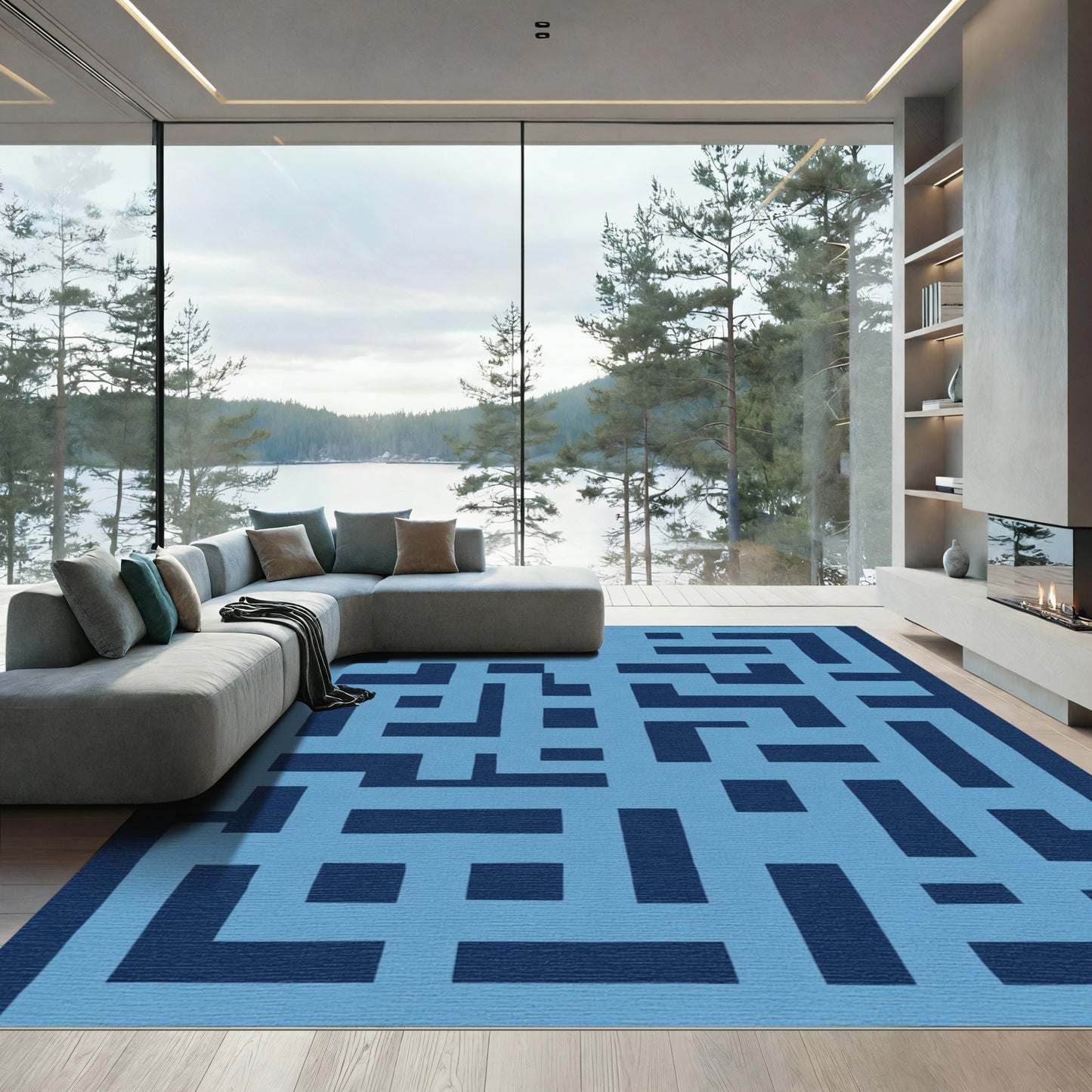 Deep Blue Labyrinth Geometric Rug