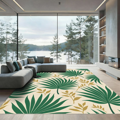Emerald Palm Leaves Gold Accents Rug