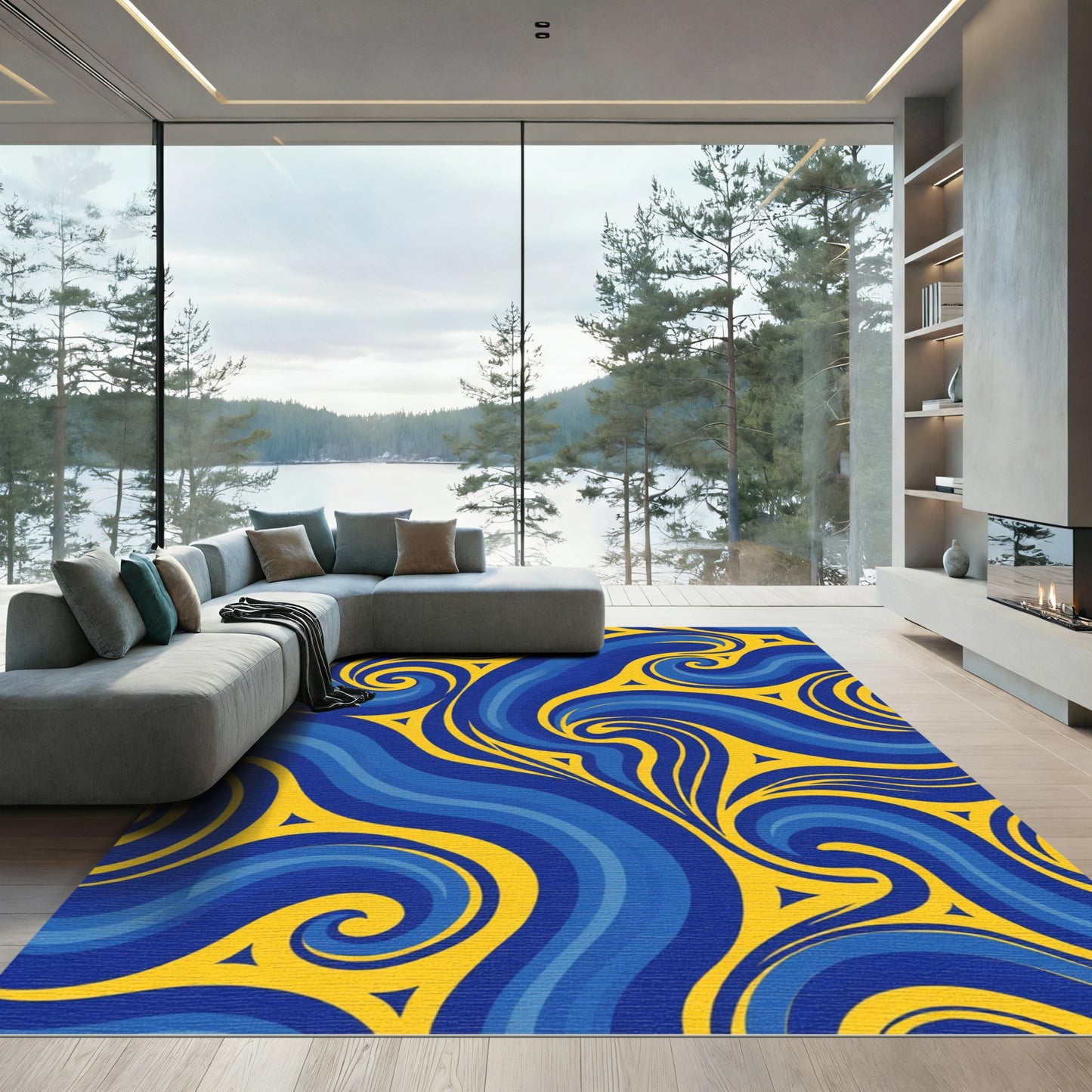 Blue Yellow Swirling Abstract Waves Rug
