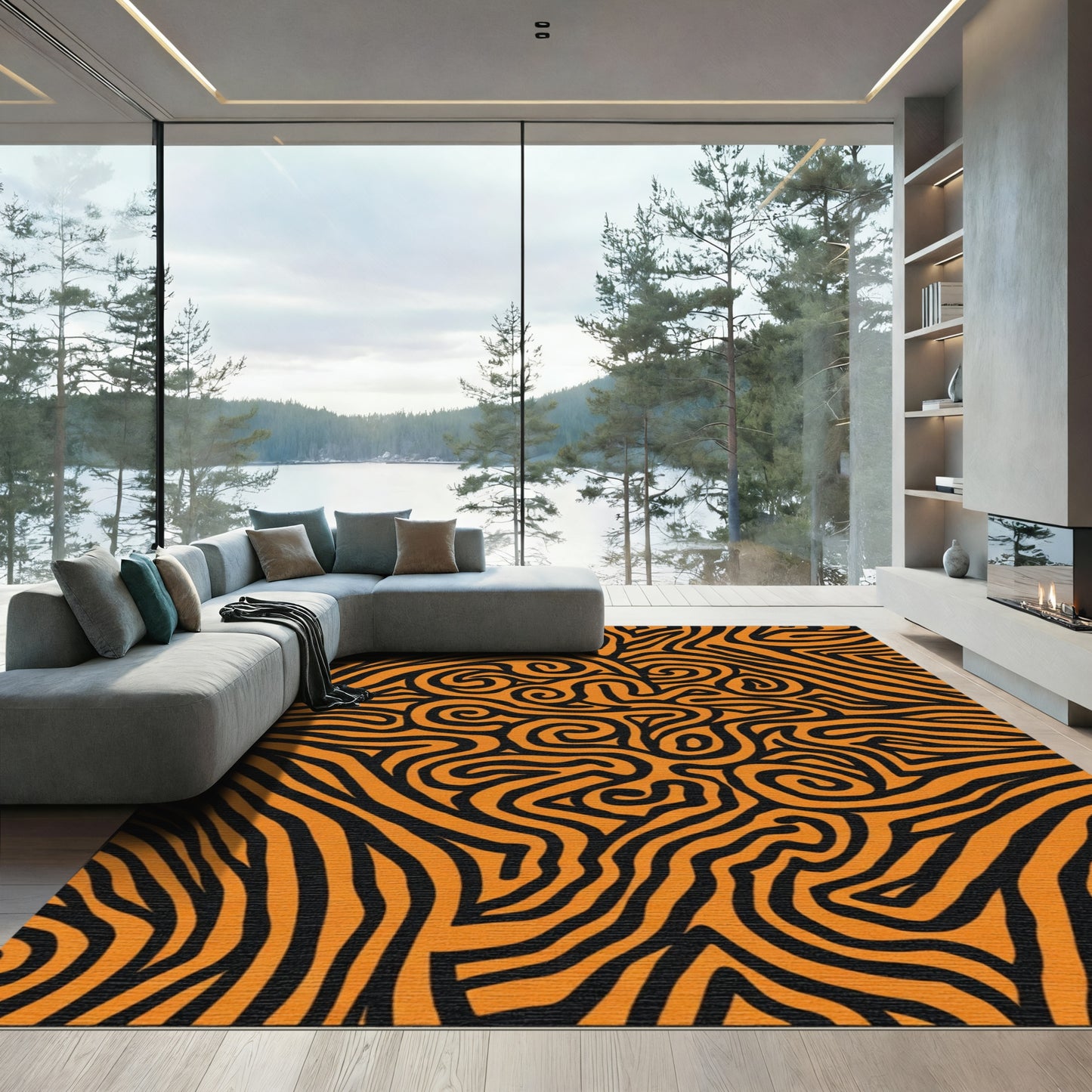 Orange Black Abstract Swirl Maze Rug