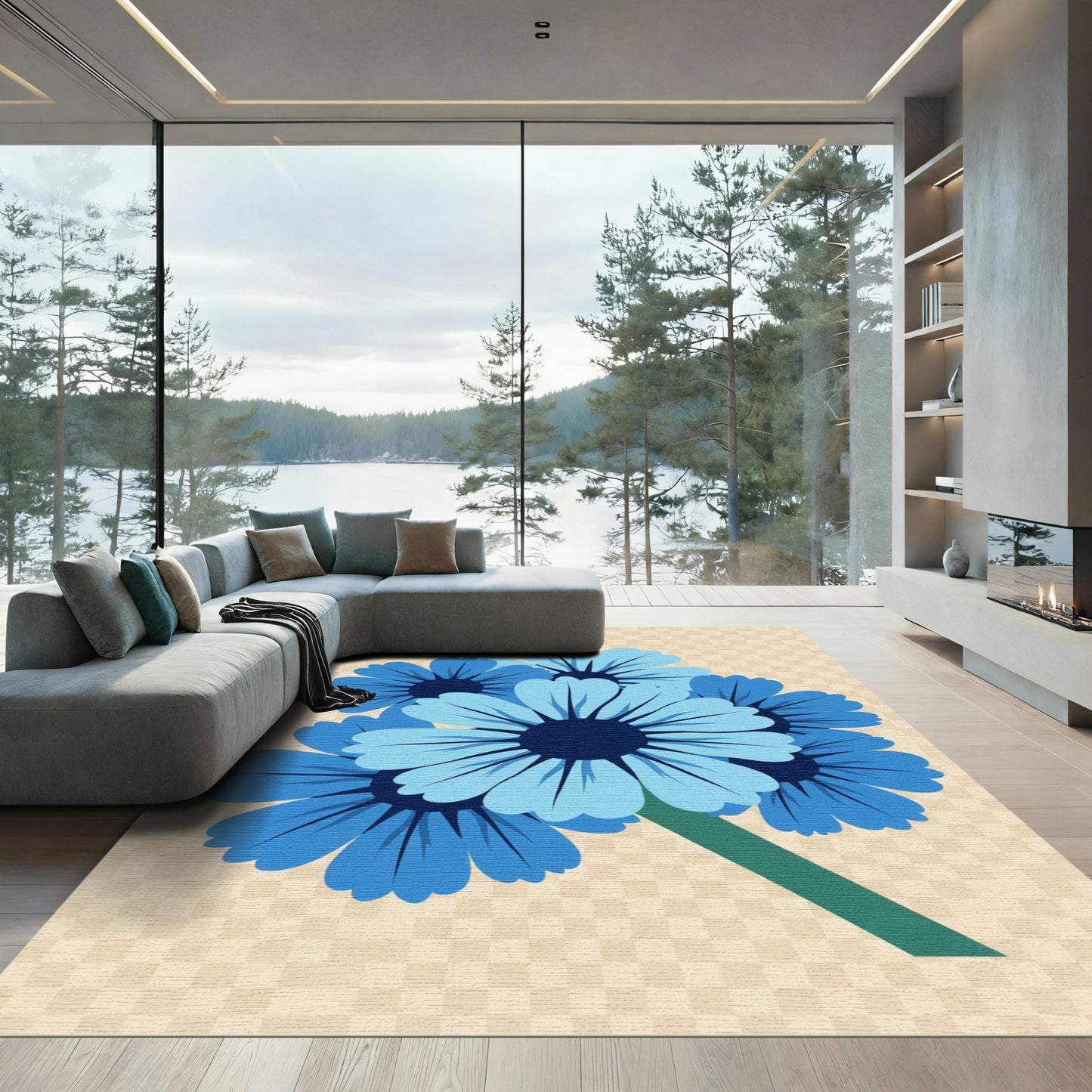 Vibrant Blue Daisy Cluster Garden Rug