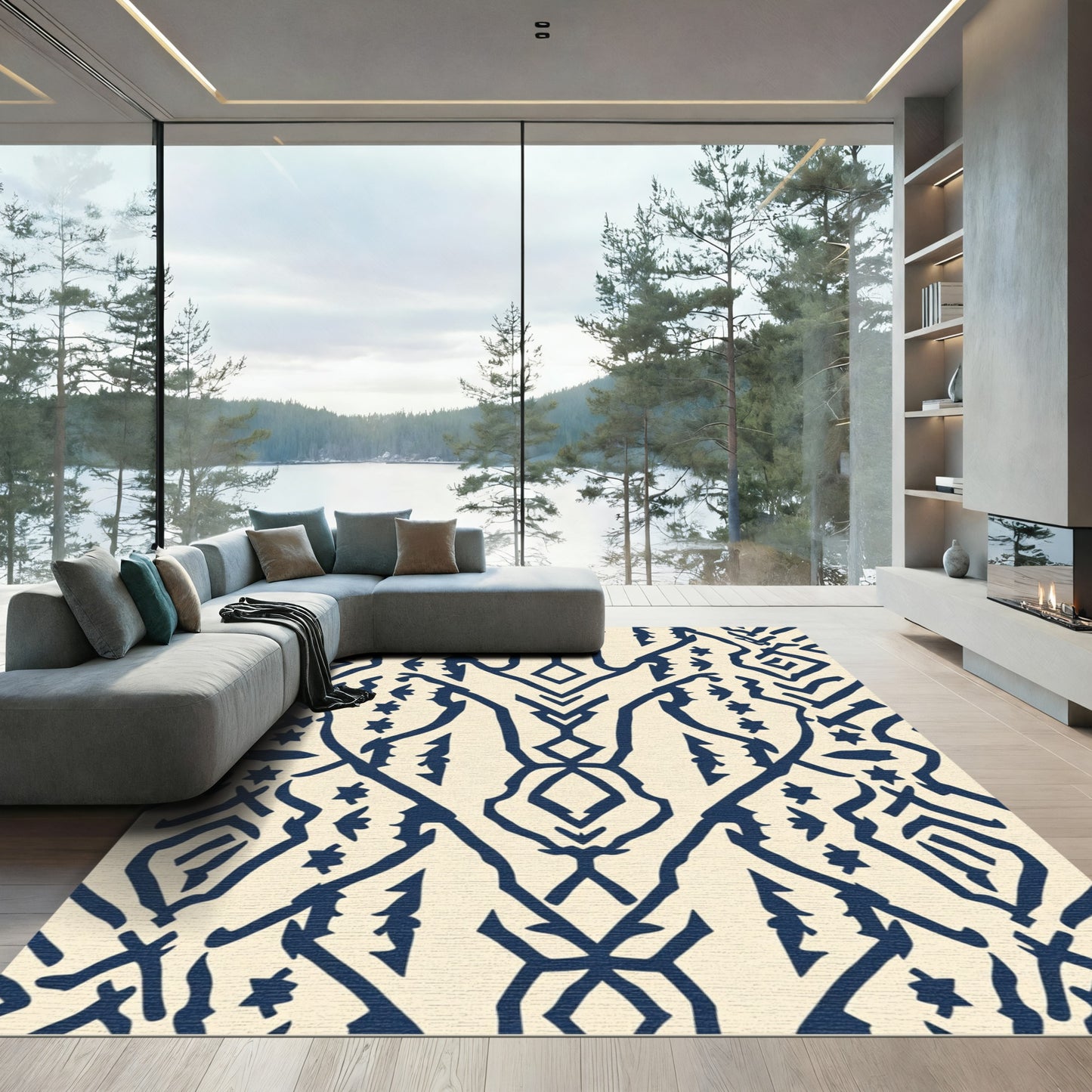 Cream Navy Abstract Ethnic Diamond Rug