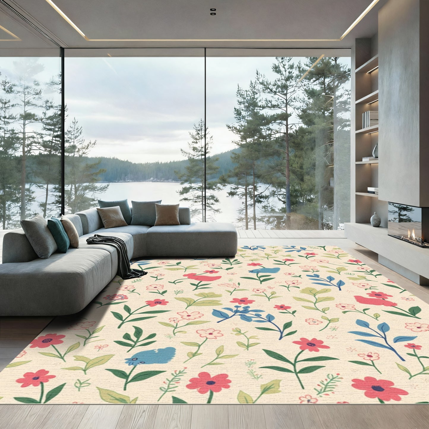 Whimsical Floral Garden Birds Rug