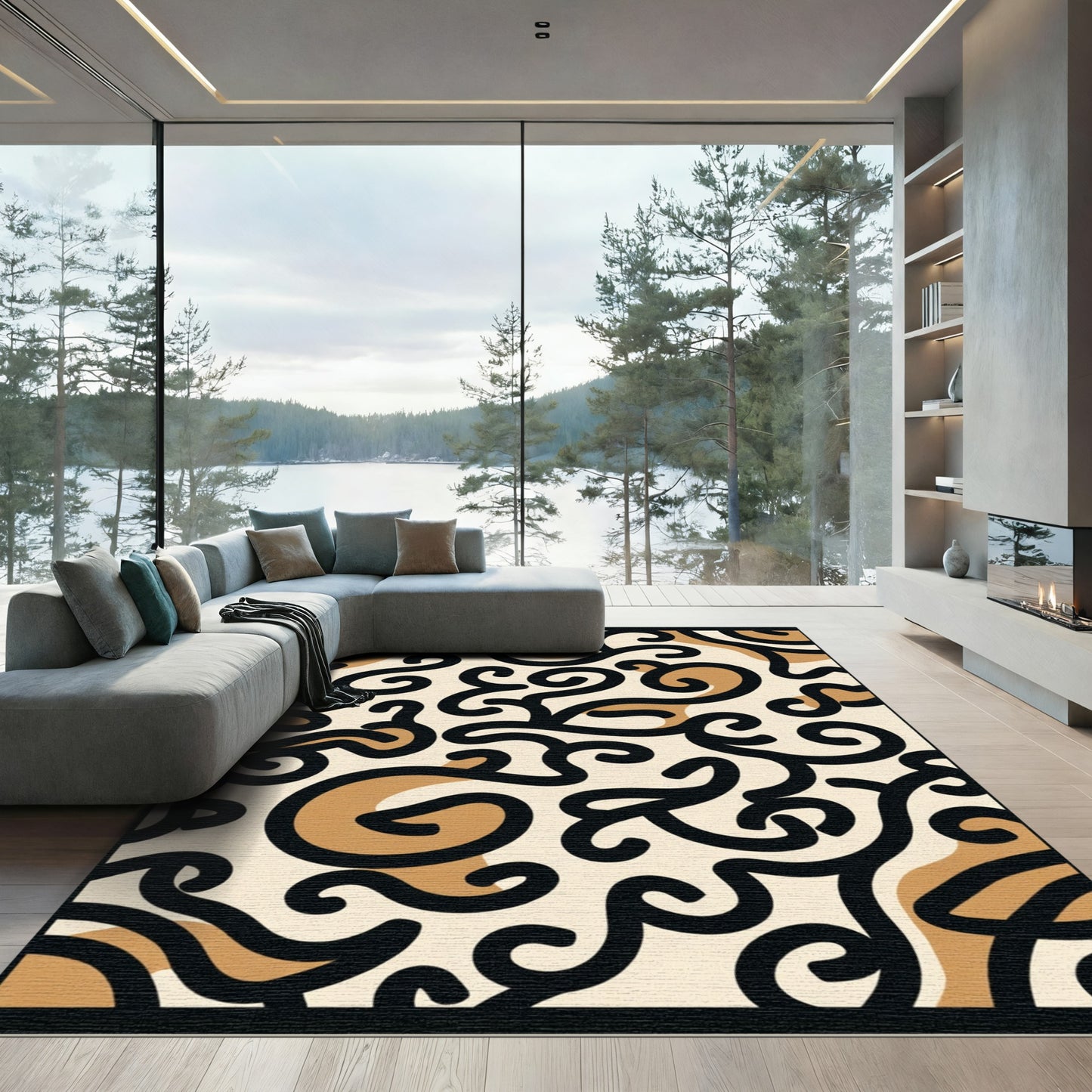Abstract Swirls Black Tan Cream Rug