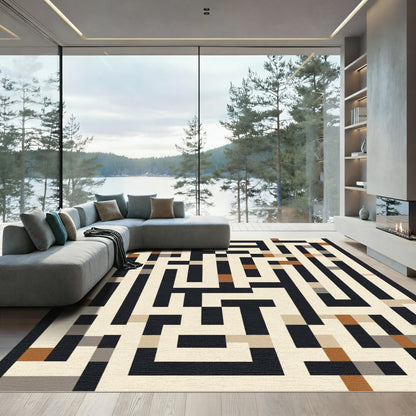 Abstract Black Geometric Maze Rug