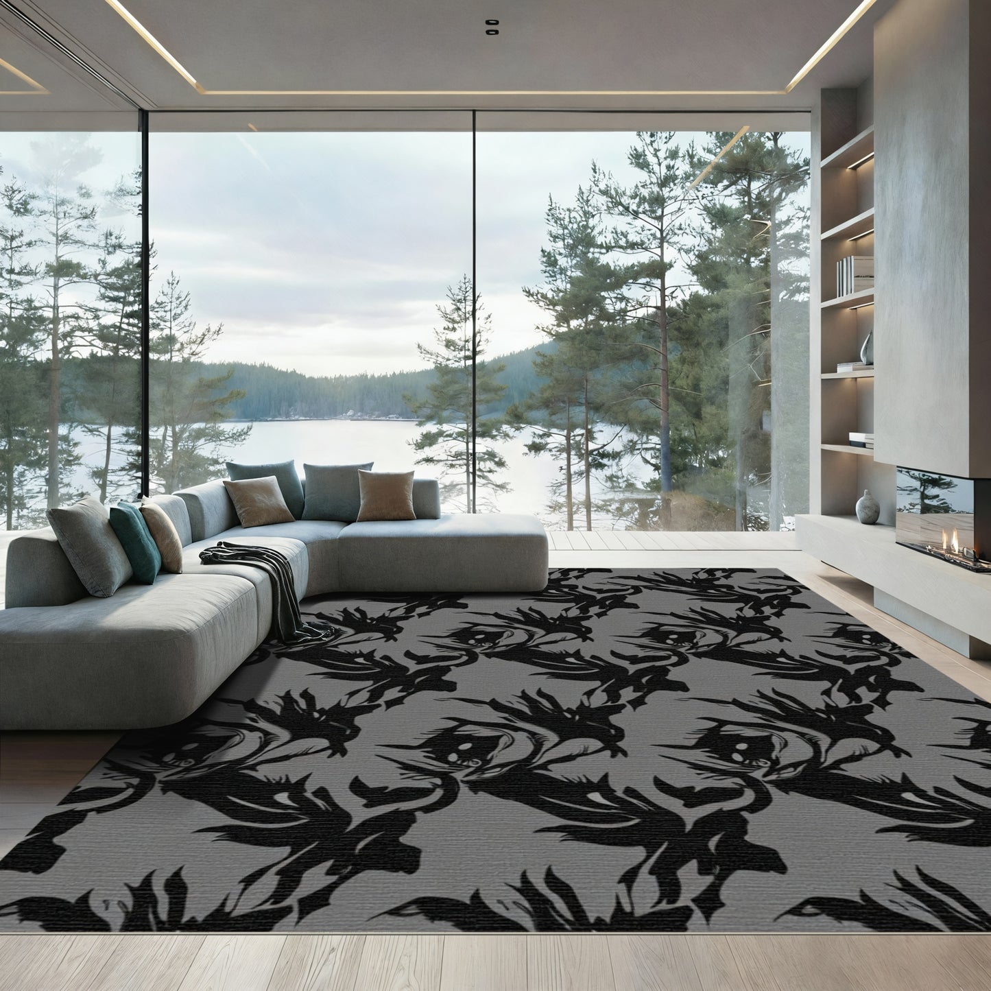 Bold Black Abstract Flame Rug