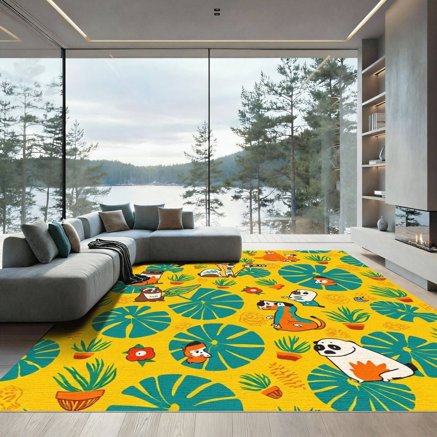 Yellow Whimsical Animals Tropical Plants Rug