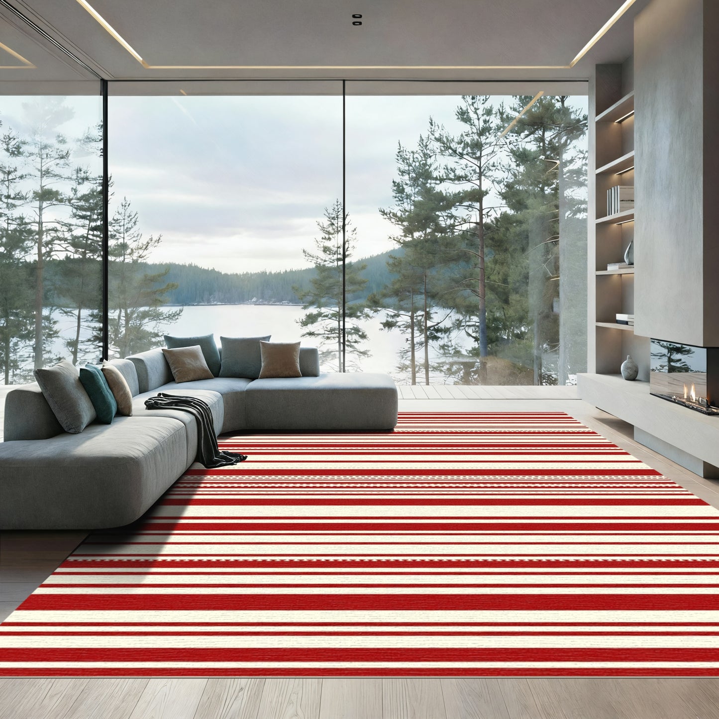 Classic Red Cream Striped Rows Rug