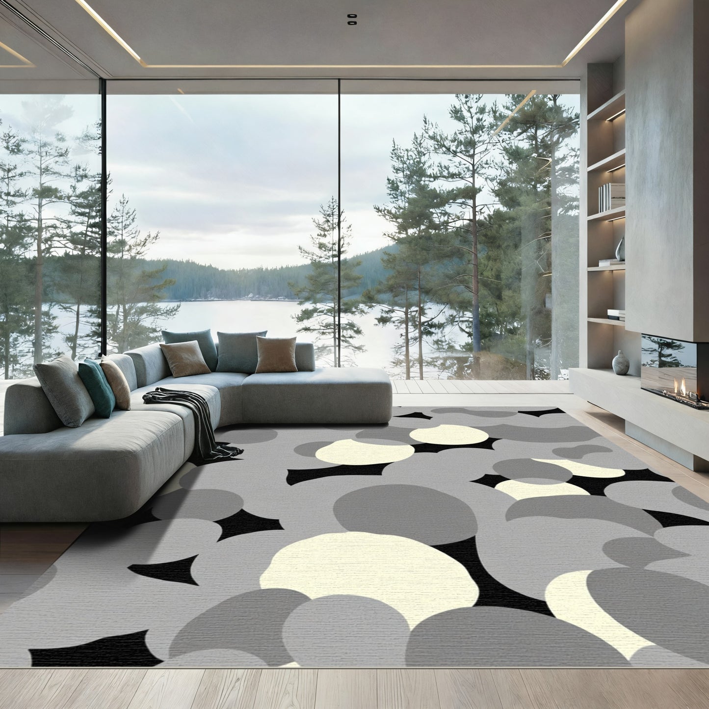 Modern Grey Abstract Circles Rug
