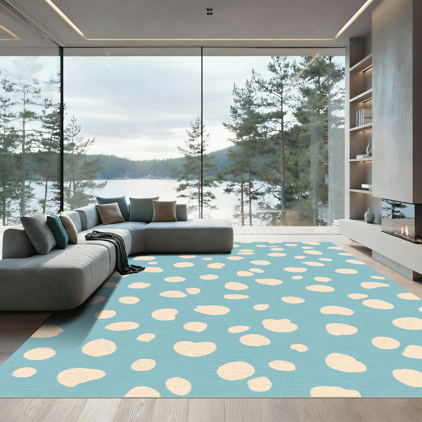 Subtle Light Yellow Spots Blue Field Rug