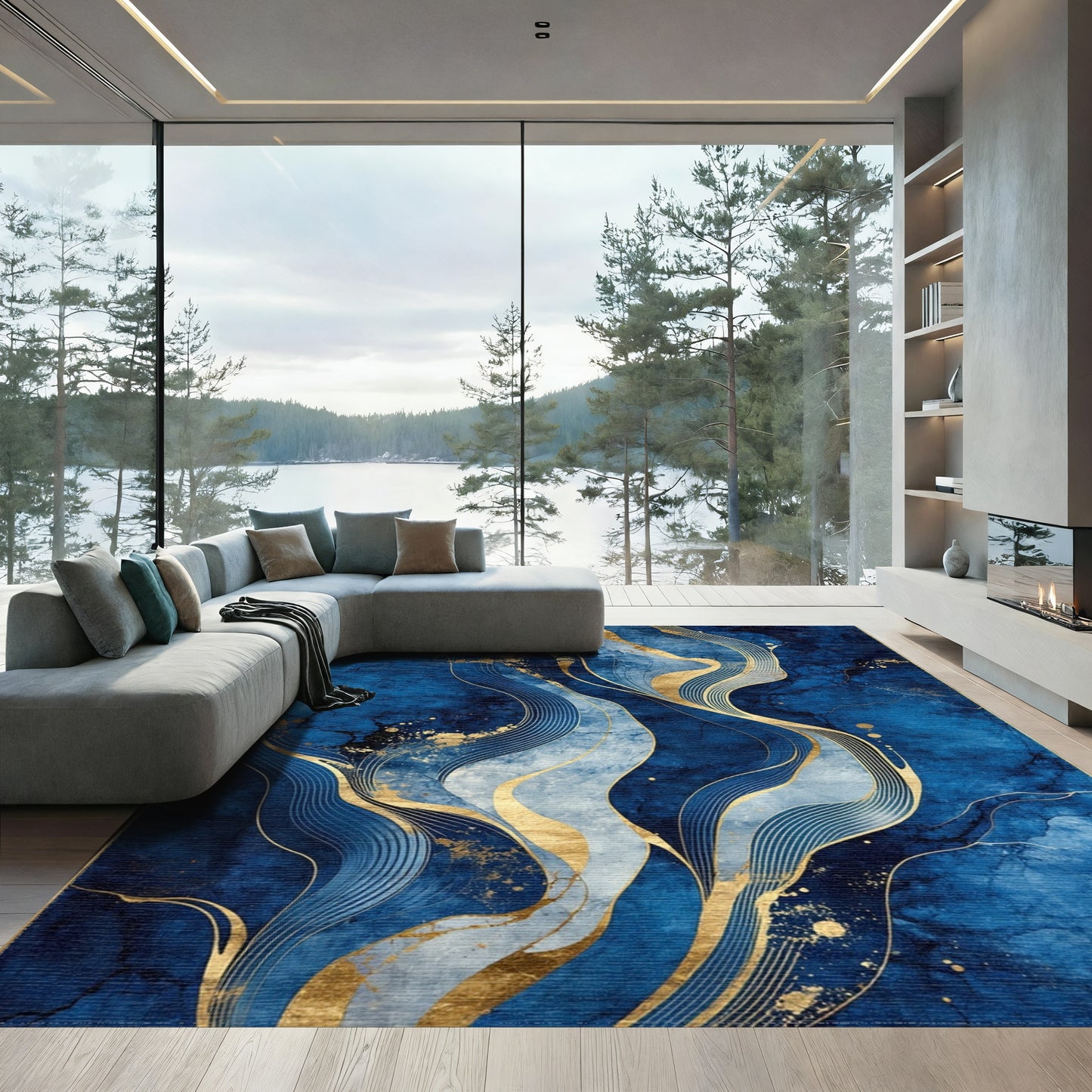 Navy Gold Flowing Waves Rug