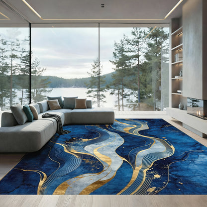 Navy Gold Flowing Waves Rug