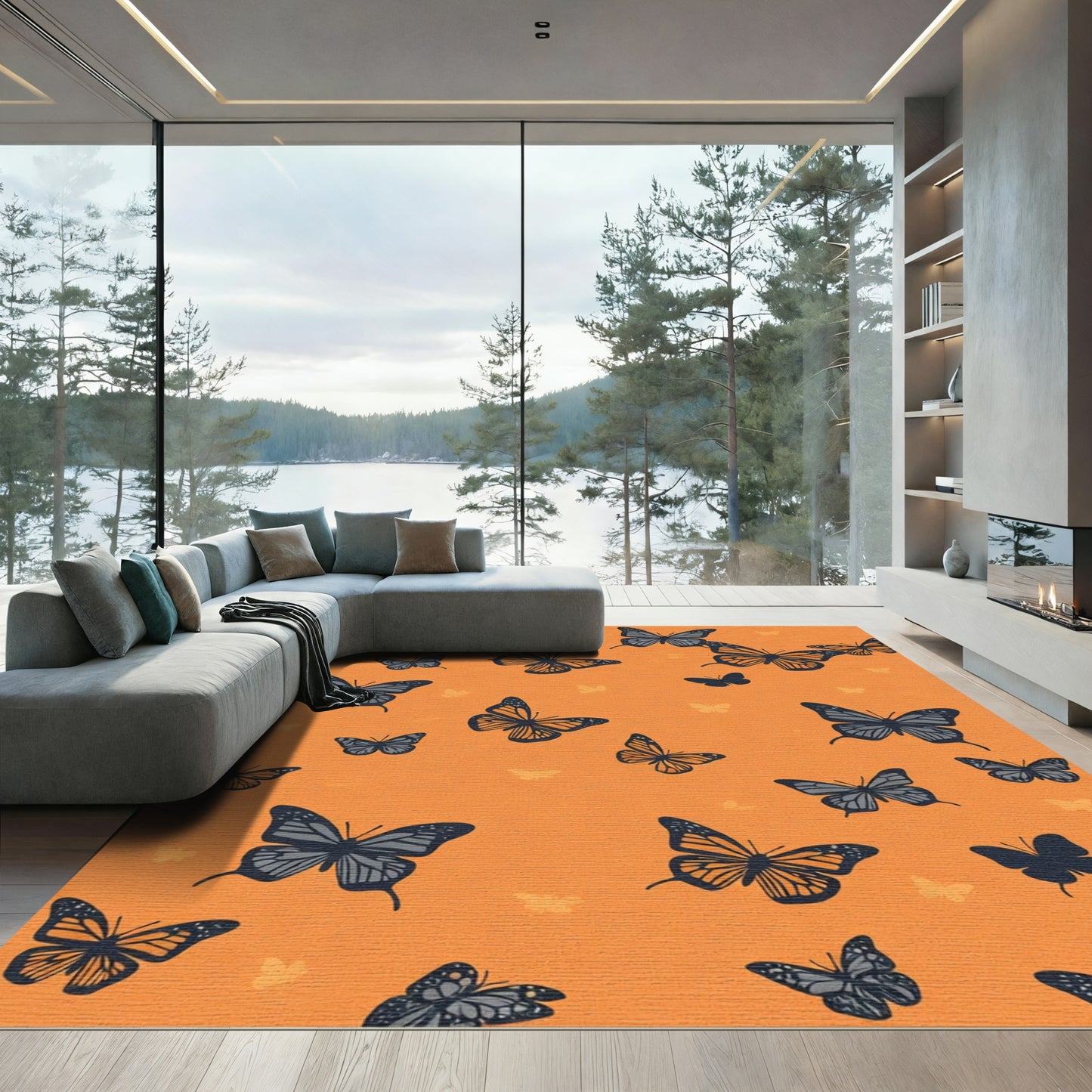 Orange Background Butterflies Rug