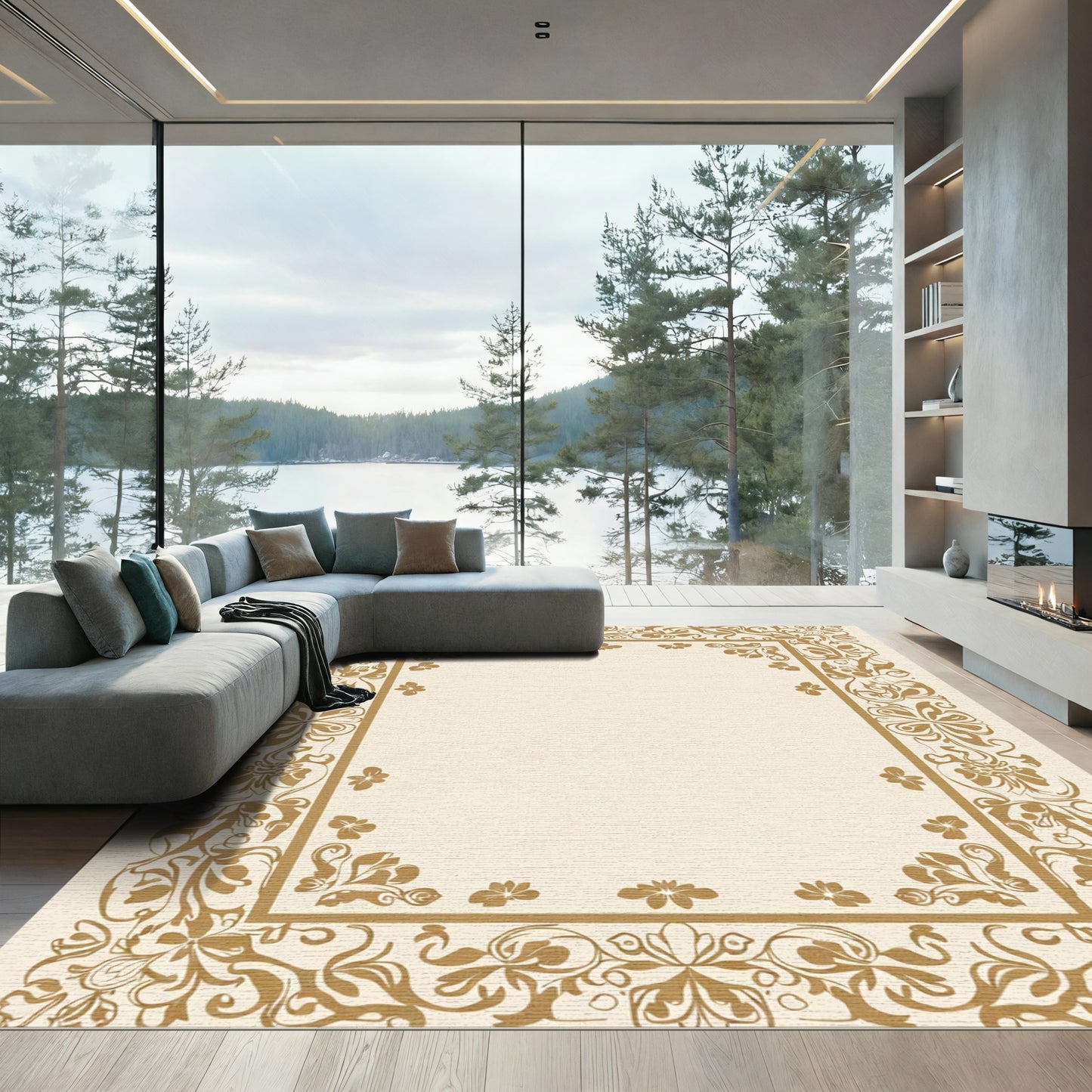 Golden Floral Scroll Border Rug