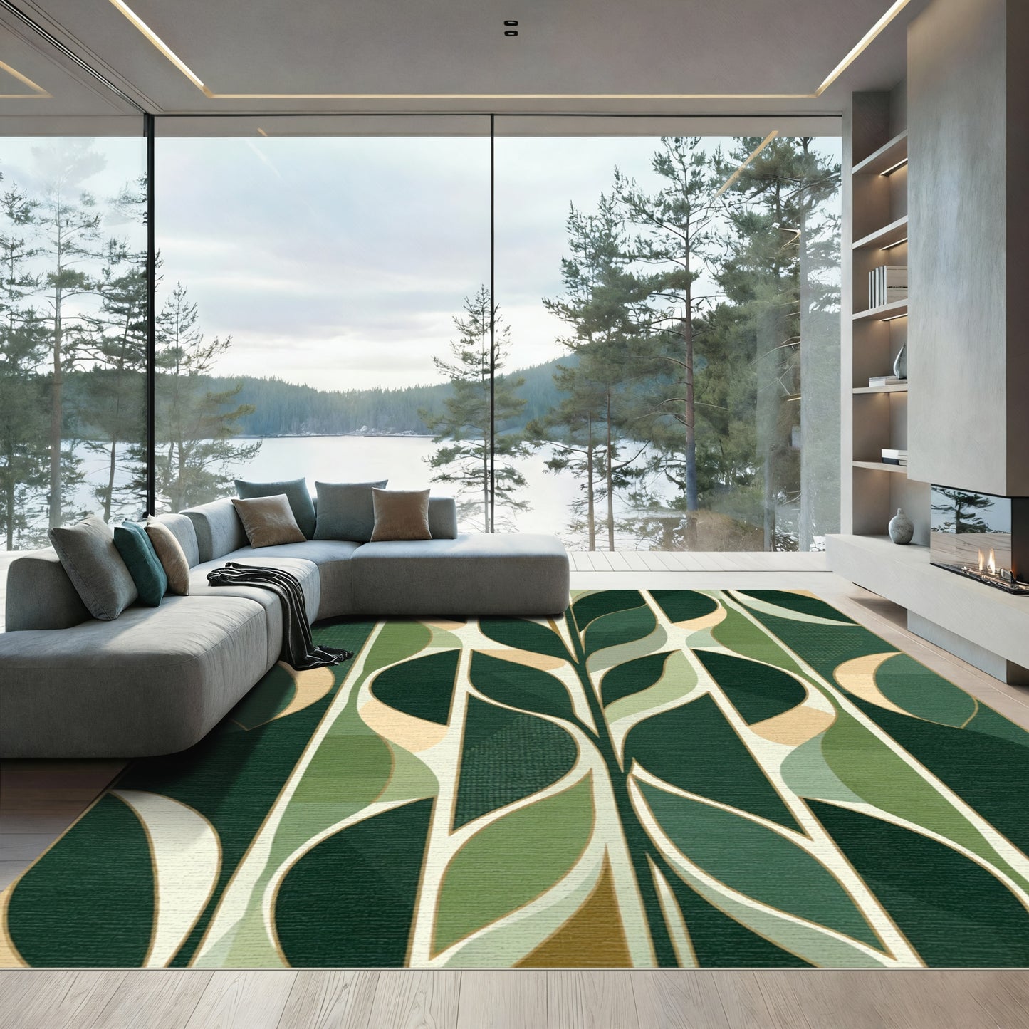 Emerald Green Leafy Abstract Forms Rug