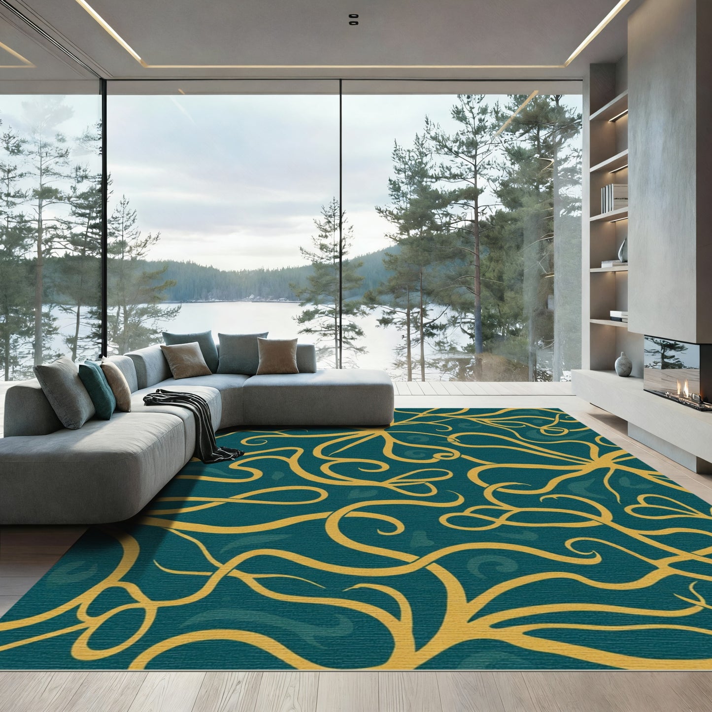 Golden Swirls Teal Abstract Rug