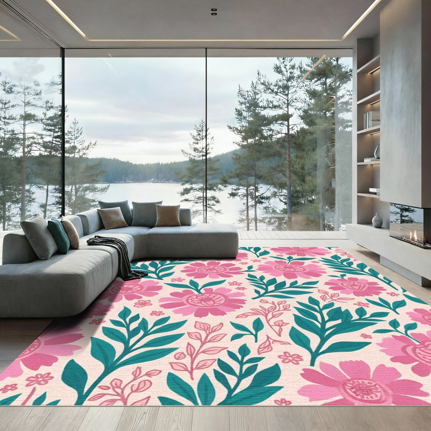 Charming Pink Floral Garland Swirl Rug