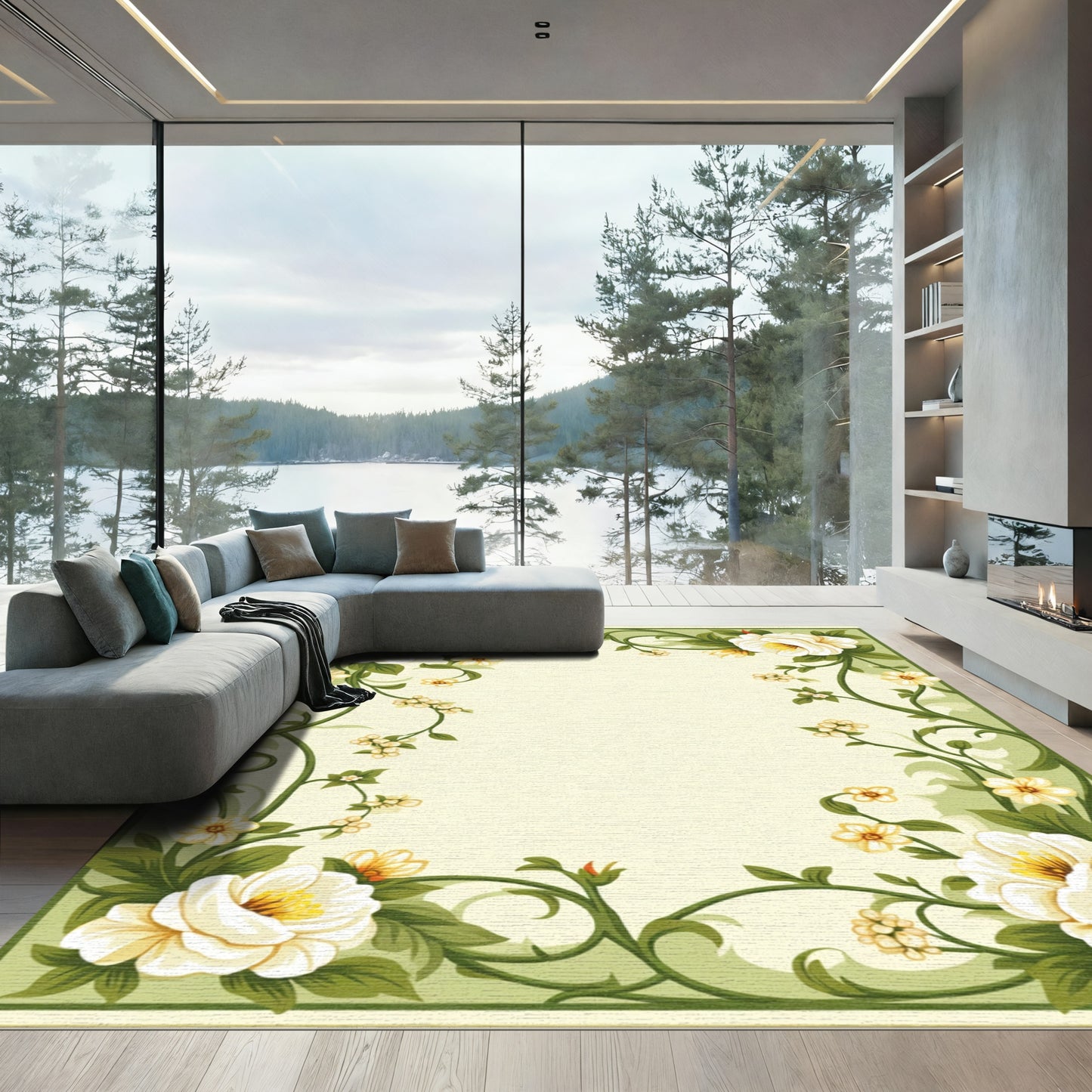 Cream White Bloom Leaf Garland Rug