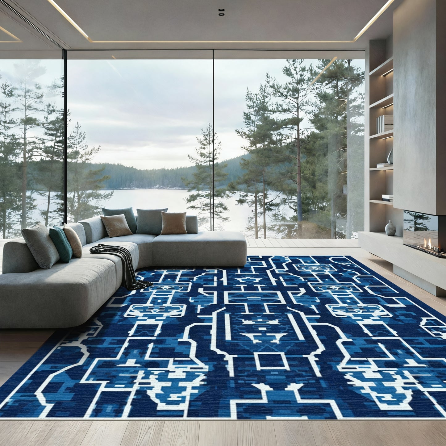 Deep Blue Geometric Architectural Layout Rug