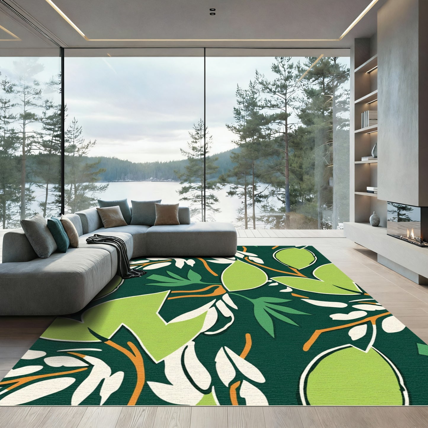 Bold Green Leafy Branch Foliage Rug