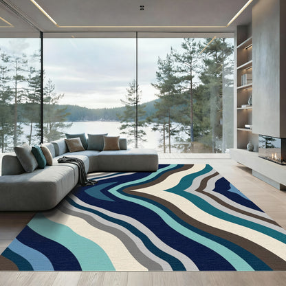 Deep Blue Abstract Wavy Stripe Rug