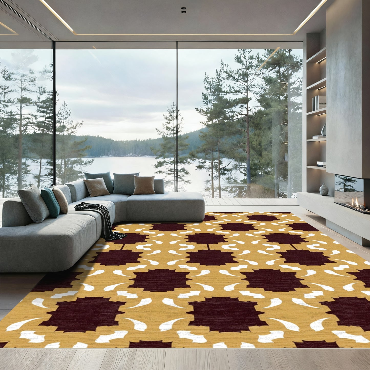 Maroon Ochre Floral Starburst Tile Rug