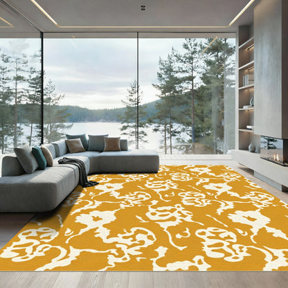 Golden Cream Abstract Floral Swirl Rug