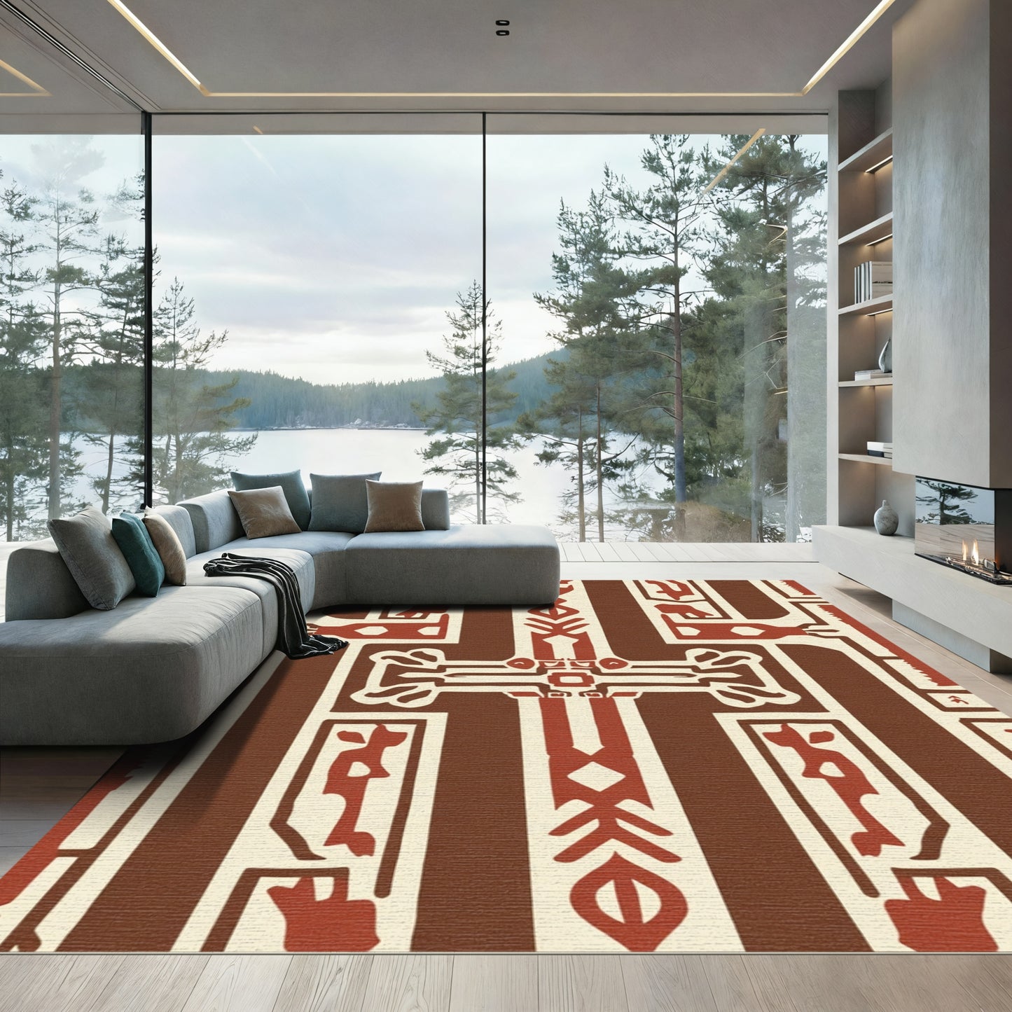 Geometric Crimson Abstract Tribal Lines Rug