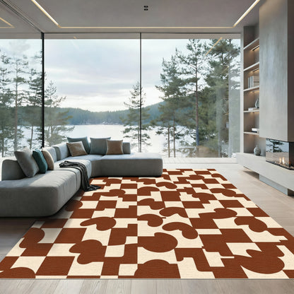 Brown Cream Checkered Organic Shapes Rug