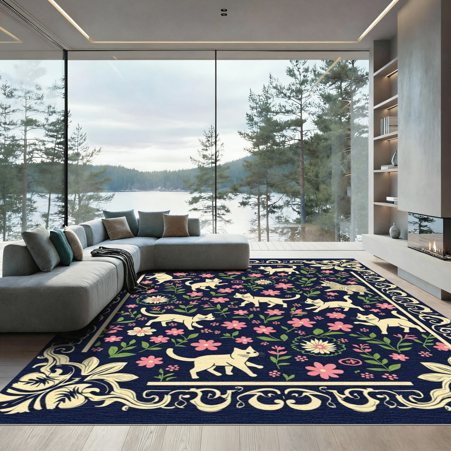 Whimsical Cats Floral Garden Navy Rug