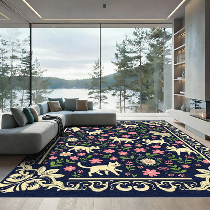 Whimsical Cats Floral Garden Navy Rug