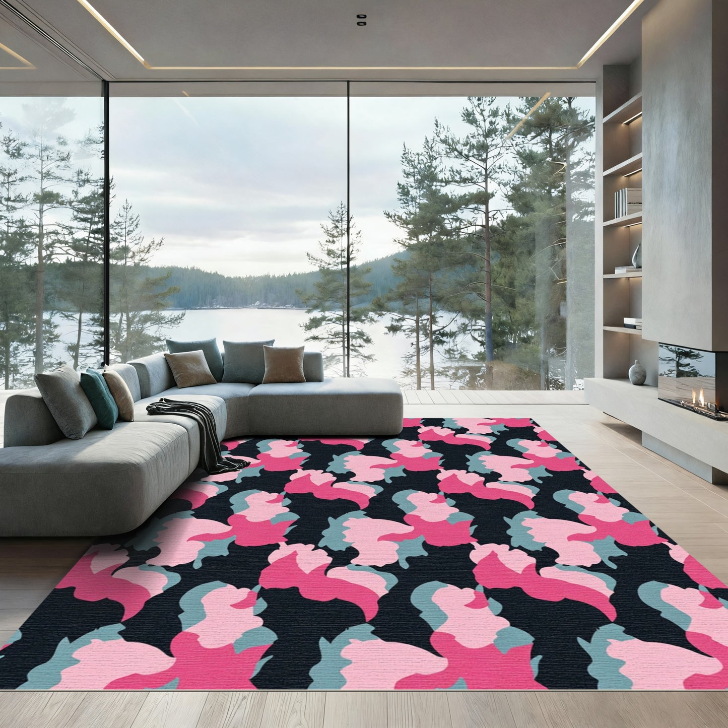 Pink Blue Camouflage Organic Shapes Rug
