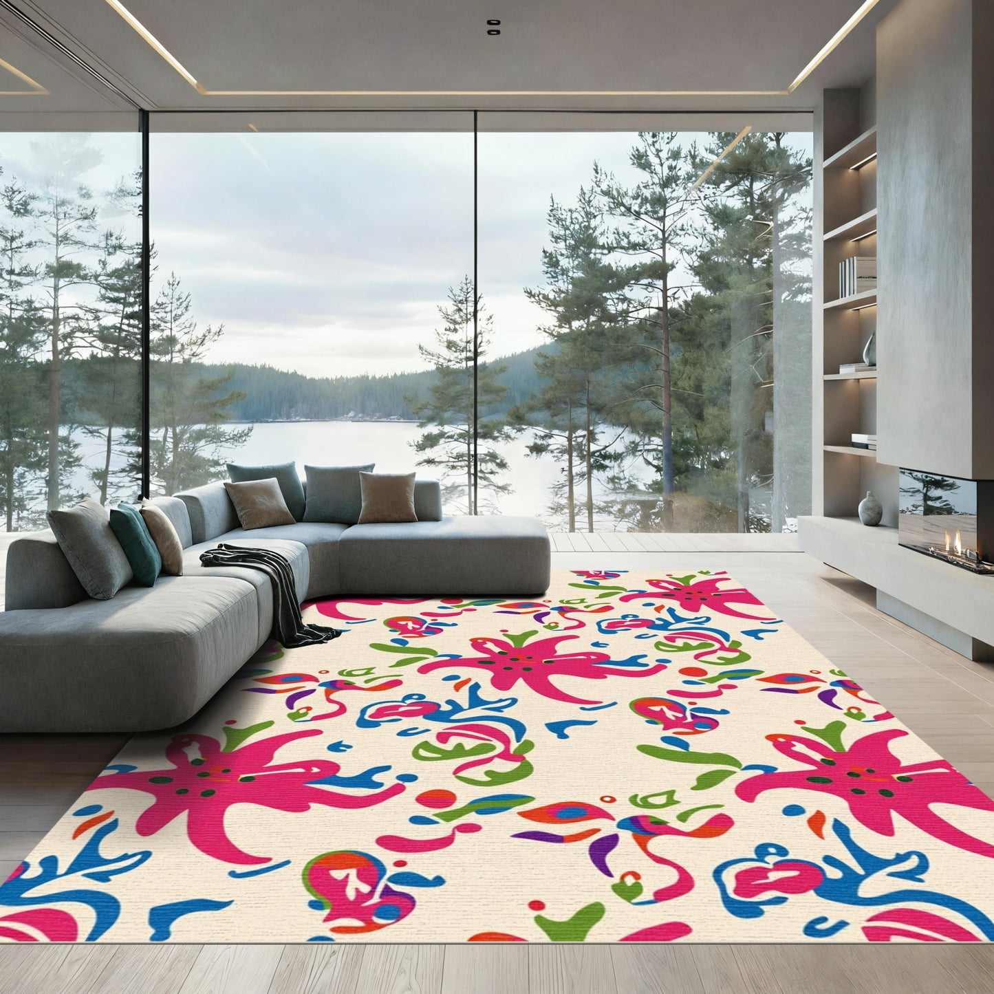 Abstract Pink Blue Green Multi Floral Rug