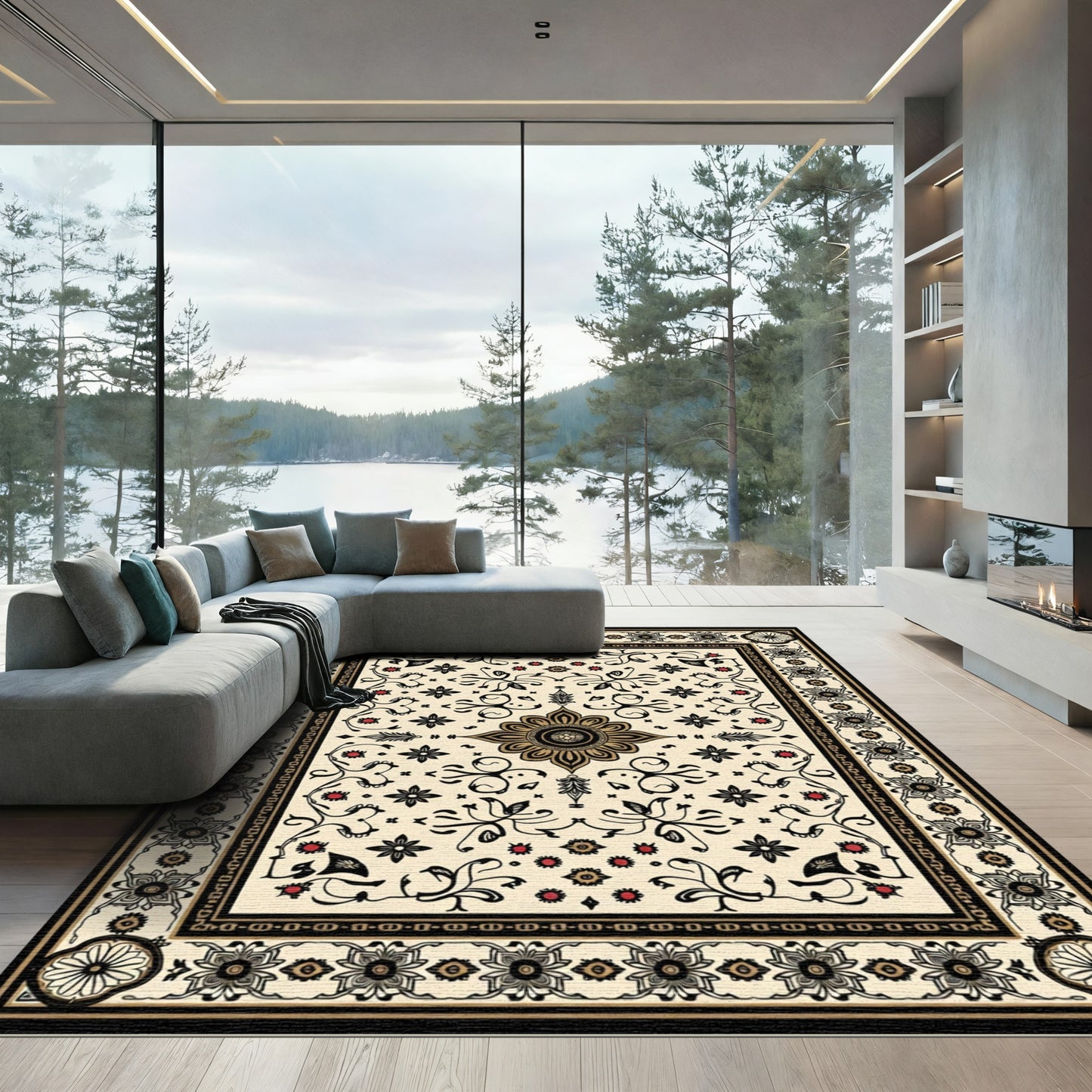 Cream Black Gold Floral Arabesque Rug