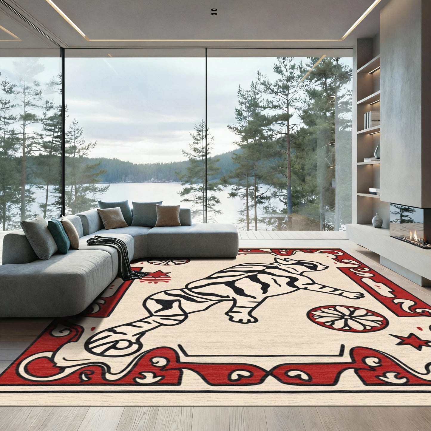 Bold Red Tiger Floral Frame Rug