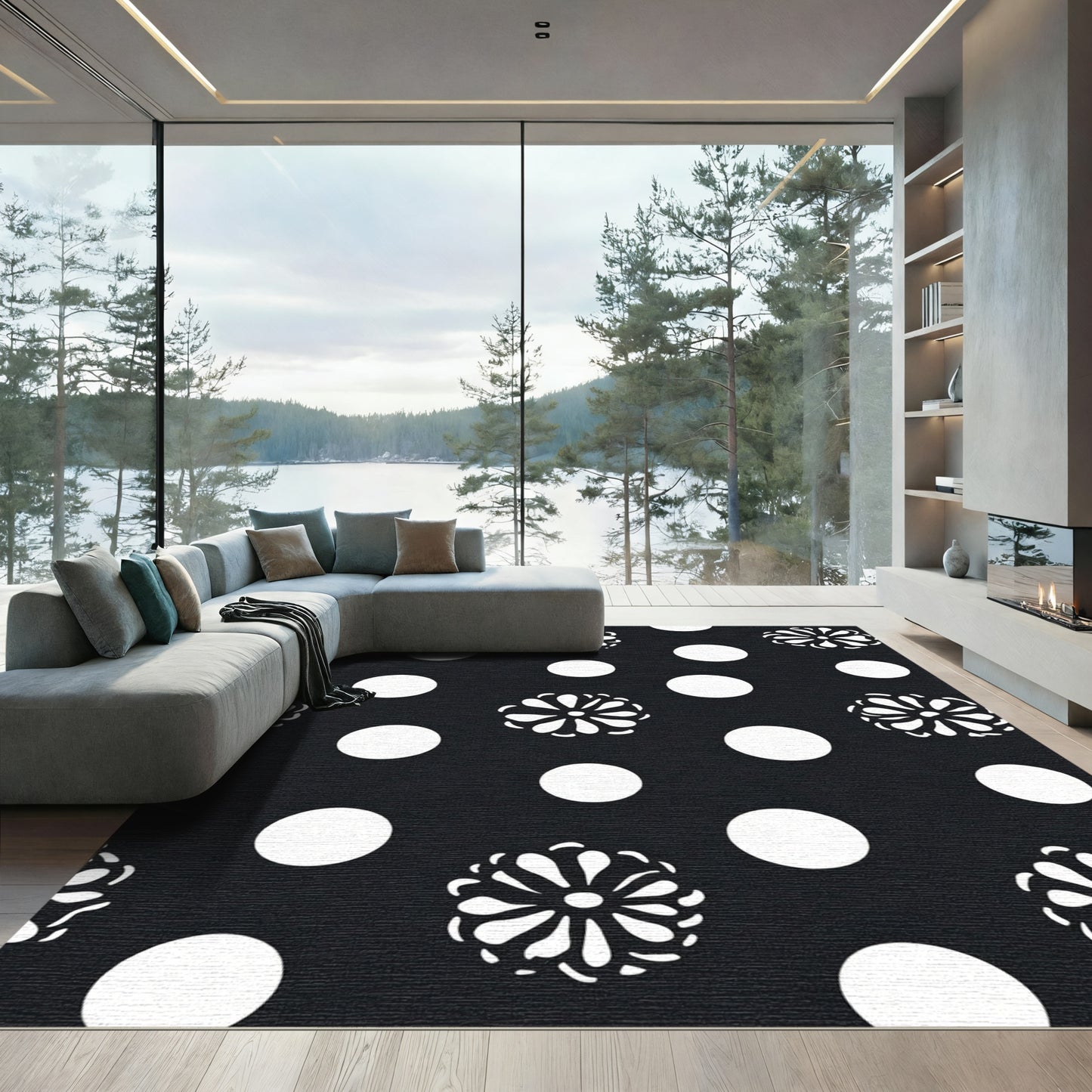 Black White Polka Dot Floral Rug