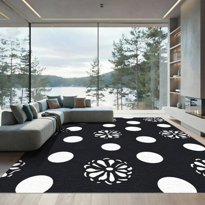 Black White Polka Dot Floral Rug
