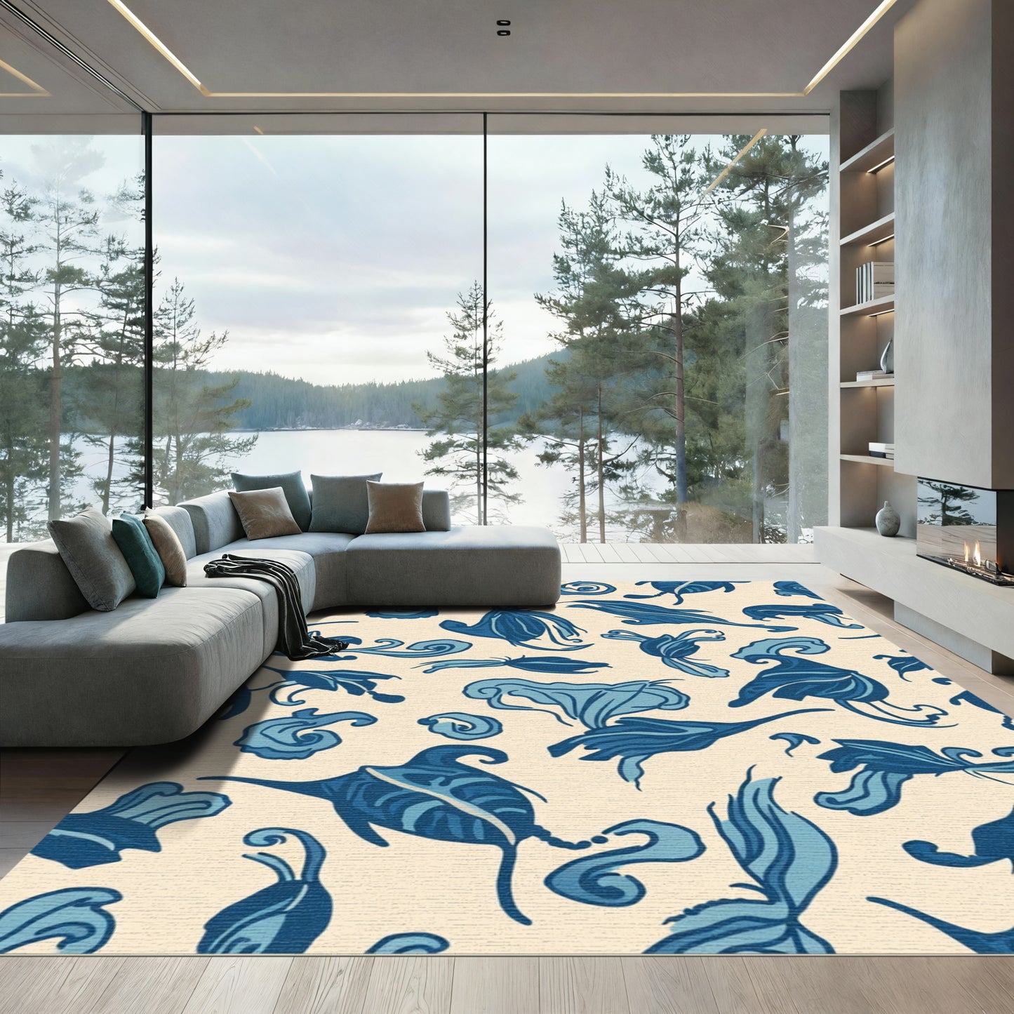 Navy Blue Floral Swirl Scroll Rug