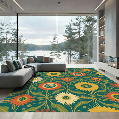 Vintage Teal Floral Sunburst Rug