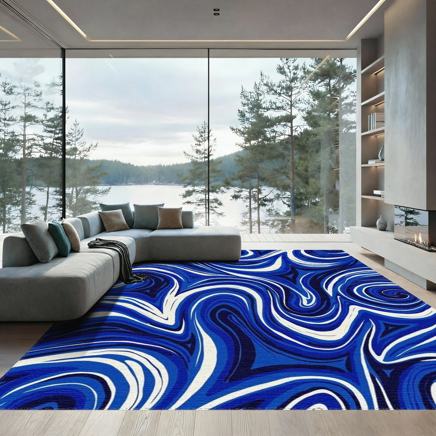 Navy White Swirling Waves Rug