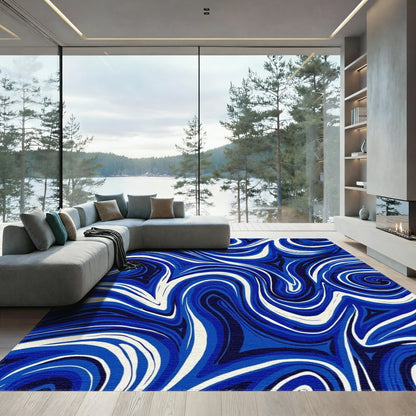 Navy White Swirling Waves Rug