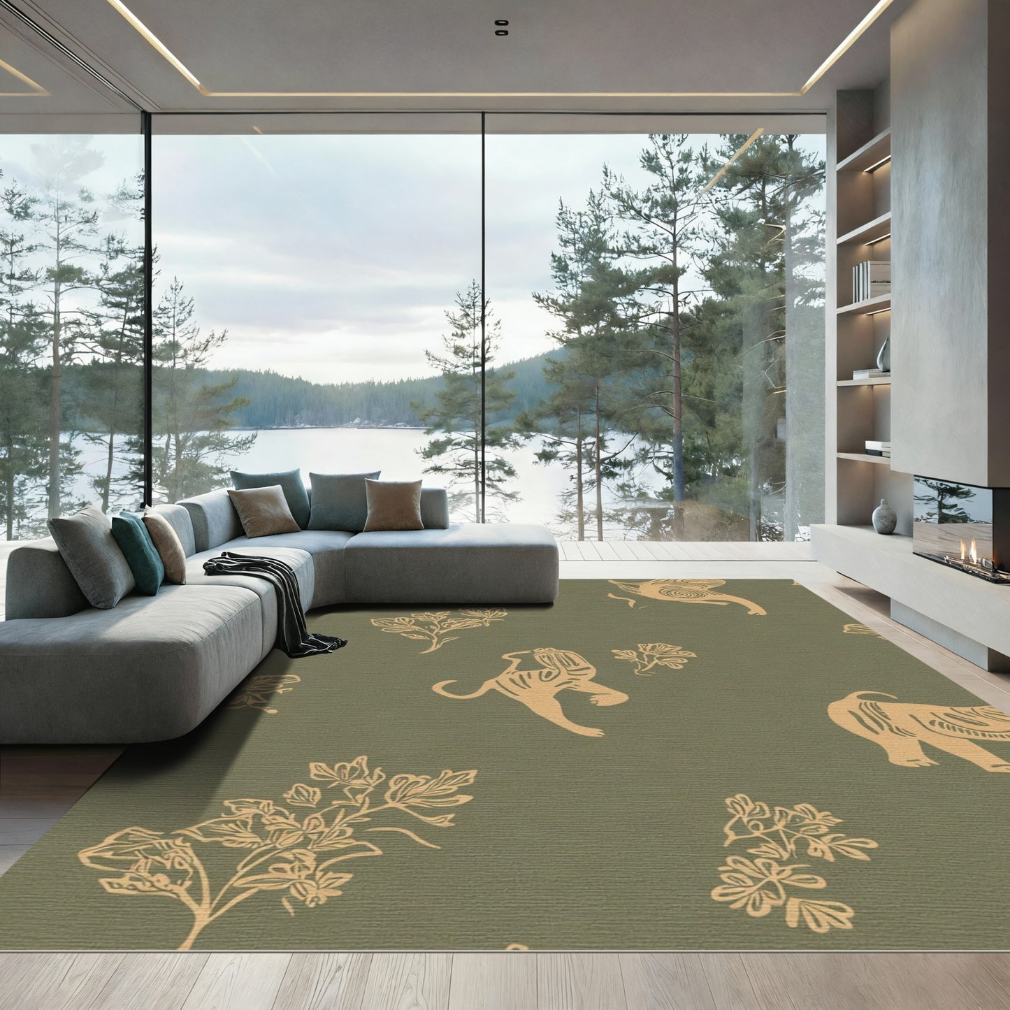 Golden Elephant Tiger Floral Forest Rug
