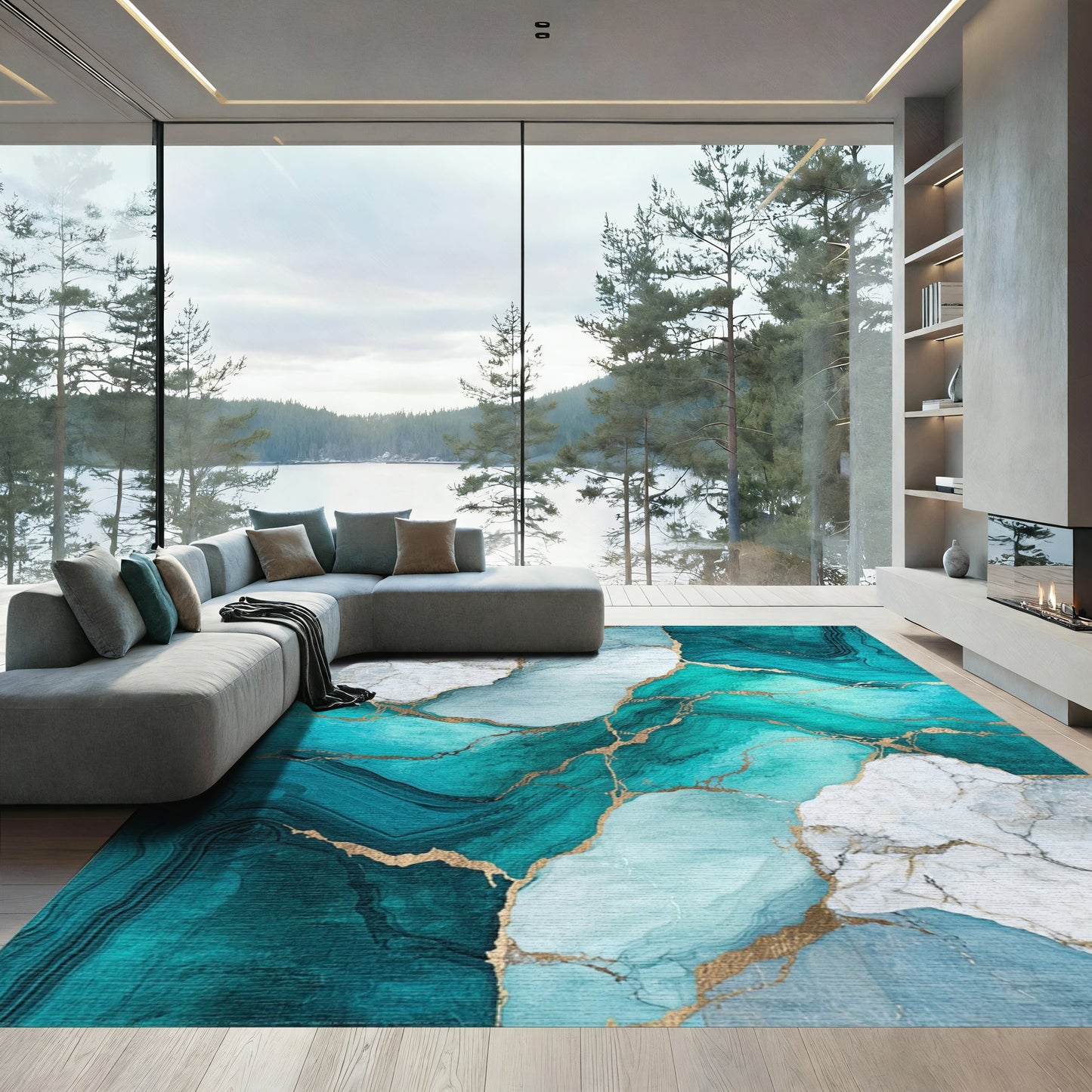 Teal Marble Gold Vein Rug