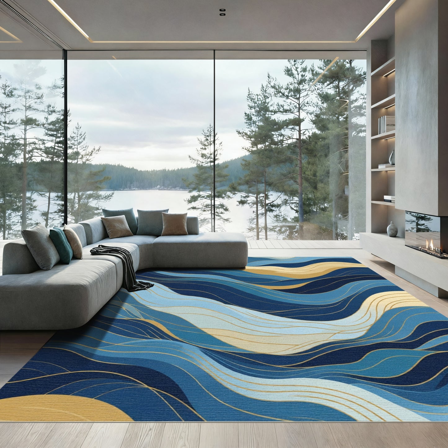 Deep Blue Gold Flowing Wave Rug