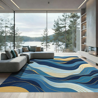 Deep Blue Gold Flowing Wave Rug