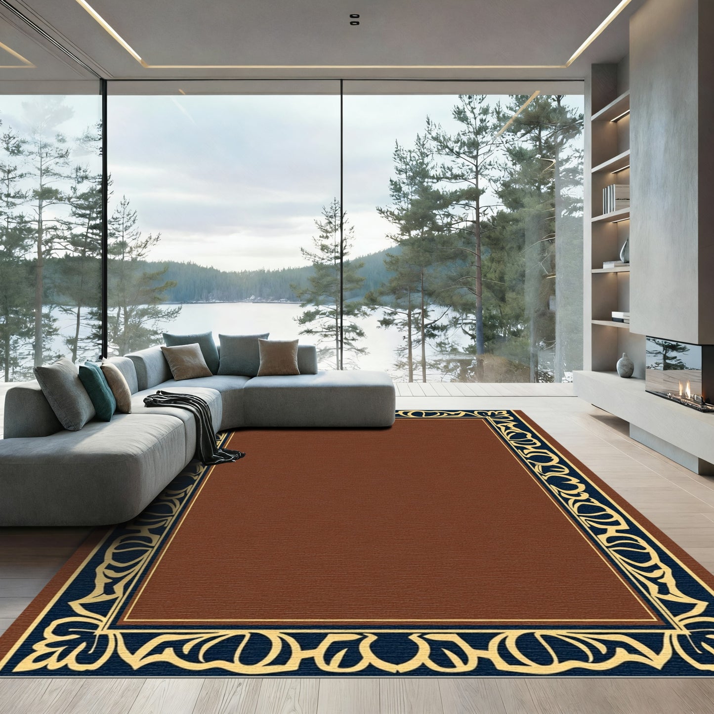 Deep Navy Gold Floral Scroll Frame Rug