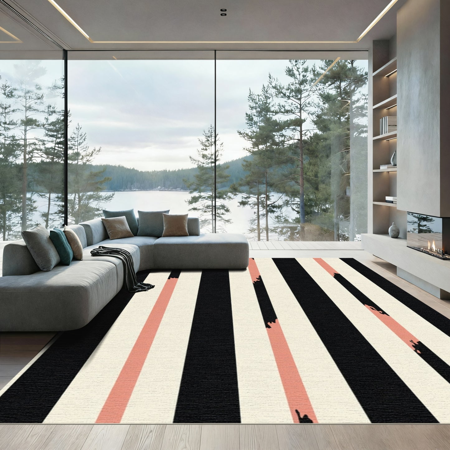 Bold Black Coral Abstract Stripes Rug