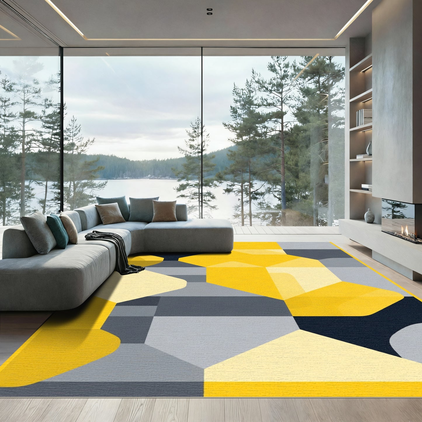 Modern Geometric Yellow Gray Abstract Rug